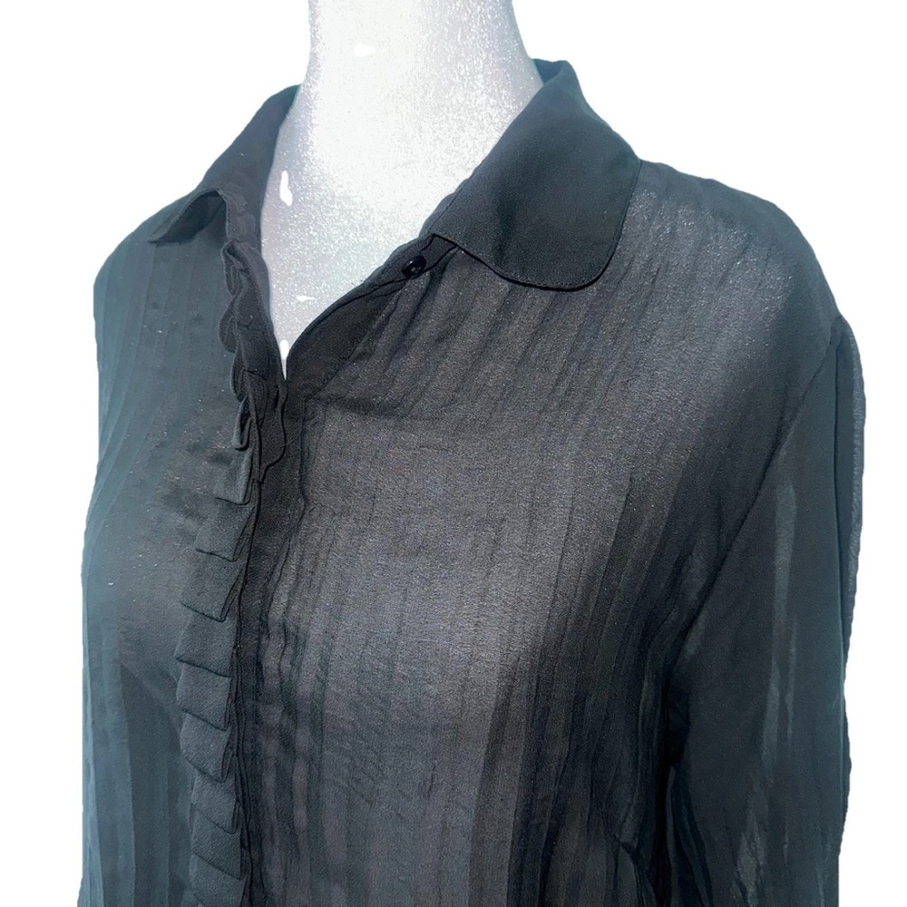 Black Sheer Ruffle Trim Blouse Tunic Top Theme  Size M Flowy Lightweight Boho